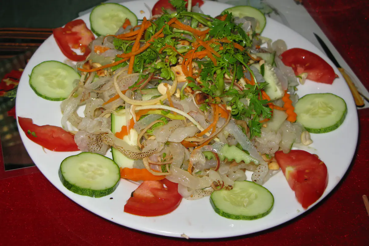 A plate of jellyfish salad with translucent strips of prepared jellyfish, shredded carrot, cilantro and peanuts, ringed with sliced cucumber and tomato, August 2008