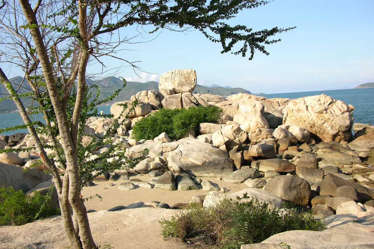 Bãi đá Hòn Chồng với khối đá lớn đặt chồng trên đỉnh, nhìn từ sườn đồi qua tán cây, nắng chiều, phía sau là biển và núi, tháng 8/2008